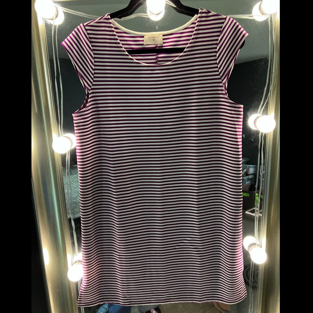 Magenta and white striped capped sleeve dress